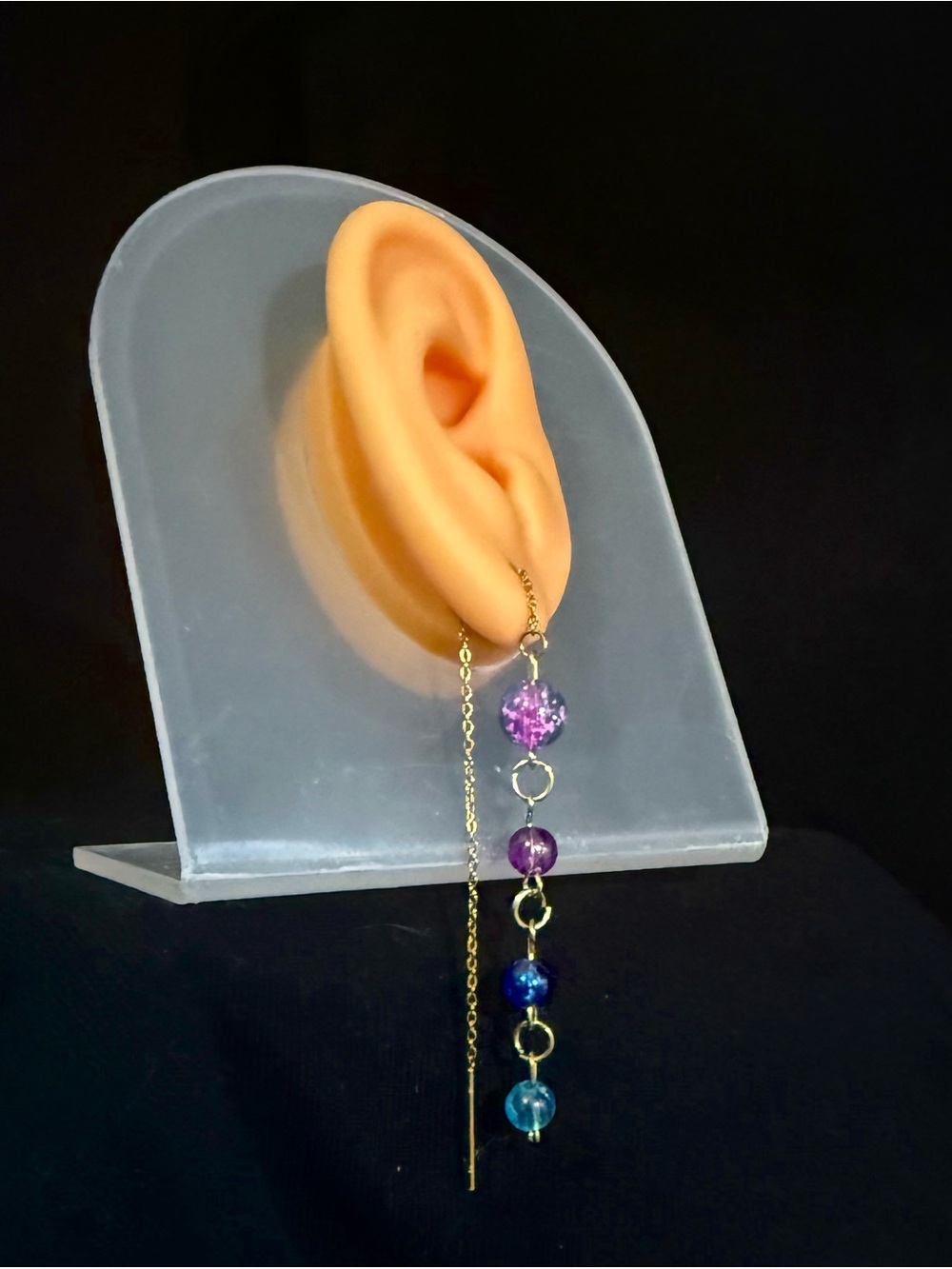 Handmade Gold Chain threaded Earrings with Purple and Blue Beads